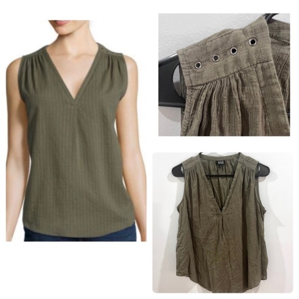 100% cotton olive green grommet shoulder V-neck top size small